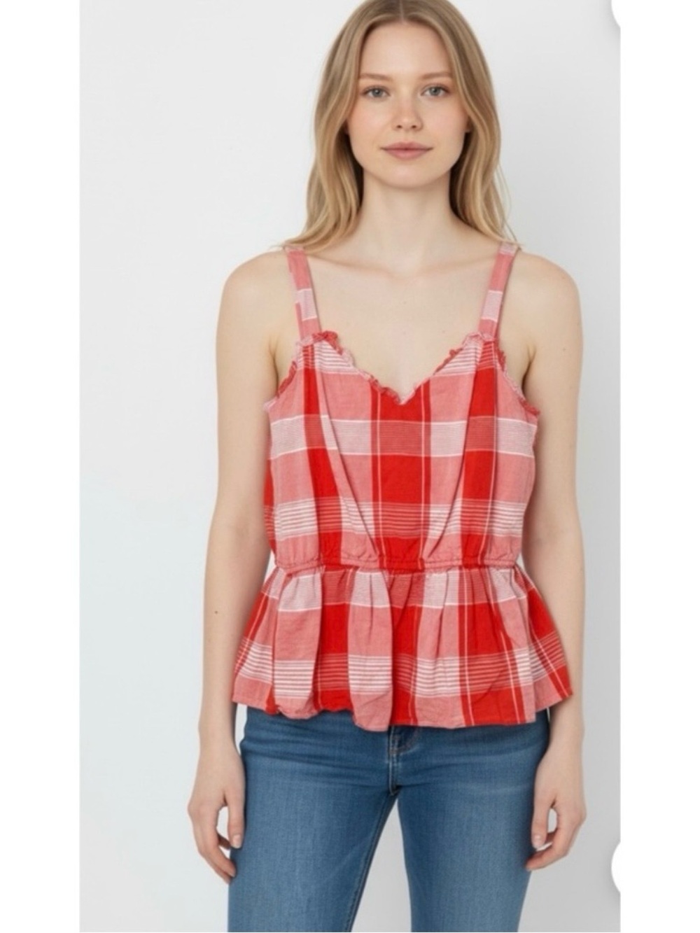 WAVERLY GREY Queen Plaid Gingham Peplum Tank Top Ruffle Trim Sz. Large
